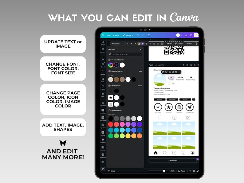May include: A black tablet showing the Canva interface, with options to edit text, images, fonts, and colours. Text reads "WHAT YOU CAN EDIT IN Canva" and "AND EDIT MANY MORE!" on a grey background.