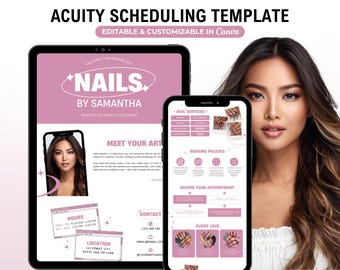 Pode incluir: Um modelo digital rosa e branco para agendamento de compromissos. O modelo apresenta uma foto de uma mulher com cabelo comprido e escuro em um fundo rosa. O texto "NAILS. BY SAMANTHA" é exibido em uma fonte grande e em negrito. O modelo inclui seções para horários, localização, informações de contato, serviços de unhas, políticas de reserva, antes de seu compromisso e amor do cliente.