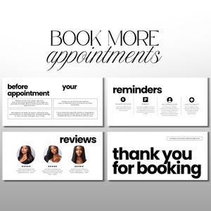 Może przedstawiać: Białe tło z czarnym tekstem &bdquo;BOOK MORE appointments&rdquo;. Poniżej znajdują się cztery białe karty z czarnym tekstem. Karty m&oacute;wią &bdquo;before appointment&rdquo;, &bdquo;your&rdquo;, &bdquo;reminders&rdquo; i &bdquo;thank you for booking&rdquo;.