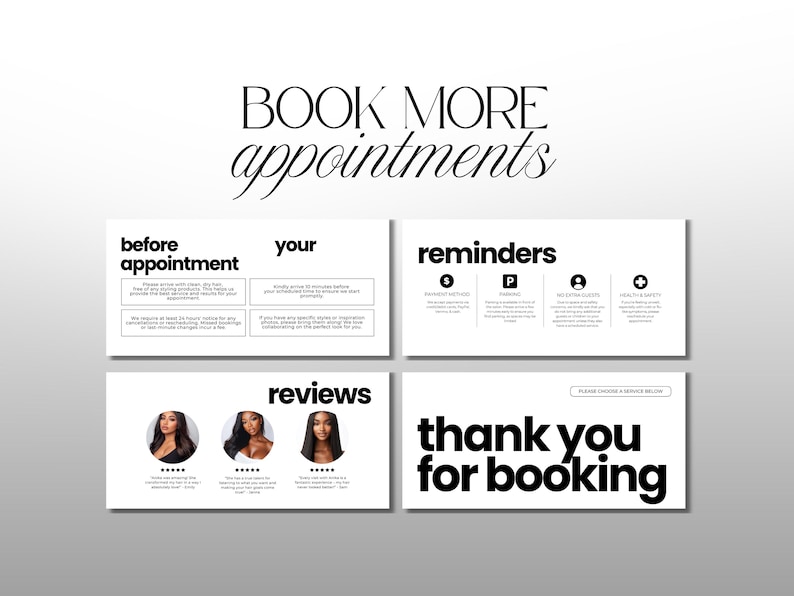 Może przedstawiać: Białe tło z czarnym tekstem &bdquo;BOOK MORE appointments&rdquo;. Poniżej znajdują się cztery białe karty z czarnym tekstem. Karty m&oacute;wią &bdquo;before appointment&rdquo;, &bdquo;your&rdquo;, &bdquo;reminders&rdquo; i &bdquo;thank you for booking&rdquo;.