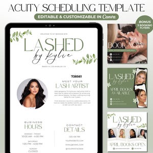Könnte beinhalten: Eine digitale Vorlage zum Planen von Terminen mit einer Wimpernstylistin. Die Vorlage hat ein grün-weißes Farbschema mit einem floralen Design. Der Text "LASHED by Kylie" ist prominent dargestellt. Die Vorlage enthält Geschäftszeiten, Kontaktinformationen und einen Abschnitt "Lernen Sie Ihre Wimpernstylistin kennen".