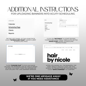 Może przedstawiać: Grafika z instrukcjami przesyłania baner&oacute;w do Acuity Scheduling. Obraz zawiera tekst, zrzuty ekranu i logo "hair by nicole". Instrukcje obejmują wyb&oacute;r "Scheduling Page" i "Choose File".
