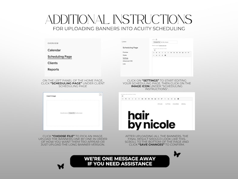 Może przedstawiać: Grafika z instrukcjami przesyłania baner&oacute;w do Acuity Scheduling. Obraz zawiera tekst, zrzuty ekranu i logo "hair by nicole". Instrukcje obejmują wyb&oacute;r "Scheduling Page" i "Choose File".