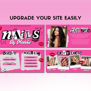 May include: Pink promotional graphic for a nail salon, featuring the text "NAILS by Maddie." Includes images of nail art, contact information, and the phrase "not you regular nail tech."