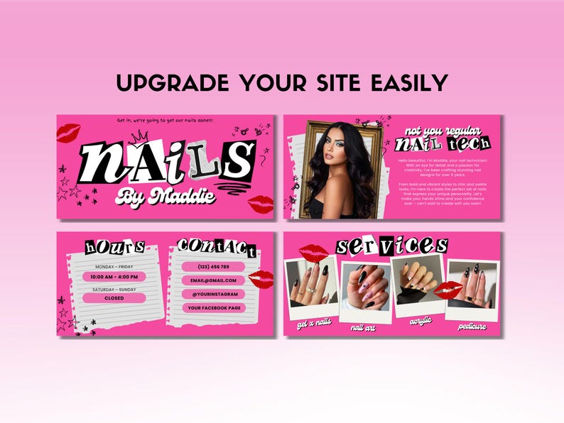 May include: Pink promotional graphic for a nail salon, featuring the text "NAILS by Maddie." Includes images of nail art, contact information, and the phrase "not you regular nail tech."