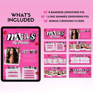 May include: A digital marketing package for a nail salon, featuring a pink and black design. The package includes banners, flyers, and a tablet display with the salon's name, logo, and contact information. The design incorporates lipstick marks and a photo of a woman.