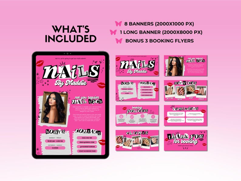 May include: A digital marketing package for a nail salon, featuring a pink and black design. The package includes banners, flyers, and a tablet display with the salon's name, logo, and contact information. The design incorporates lipstick marks and a photo of a woman.