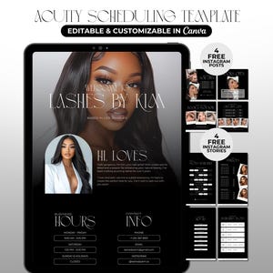 Può includere: Un tablet nero mostra un modello per un'attività di bellezza. Il modello include il testo "Lashes by Kim" e "Hi Loves". Il testo "Editable & Customizable in Canva", gli orari di lavoro e le informazioni di contatto sono inclusi. Vengono visualizzati anche esempi di post e storie di Instagram.