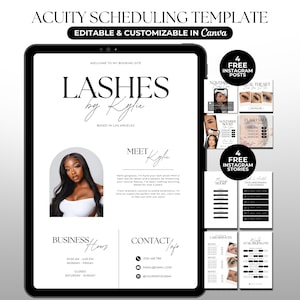 Pode incluir: Um tablet preto exibe um modelo de agendamento para "Lashes by Kylie", personalizável no Canva. O design é em preto e branco, com uma foto de uma mulher, horário comercial e informações de contato. Inclui 4 posts e stories gratuitos do Instagram.