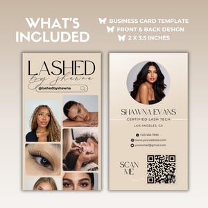 May include: A business card template for a lash technician. The front of the card features a collage of photos of eyelashes and the text "LASHED by Shawna" with the Instagram handle "@lashedbyshawna". The back of the card features a photo of the lash technician, her name, title, location, phone number, website, and email address. The card also includes a QR code with the text "SCAN ME".