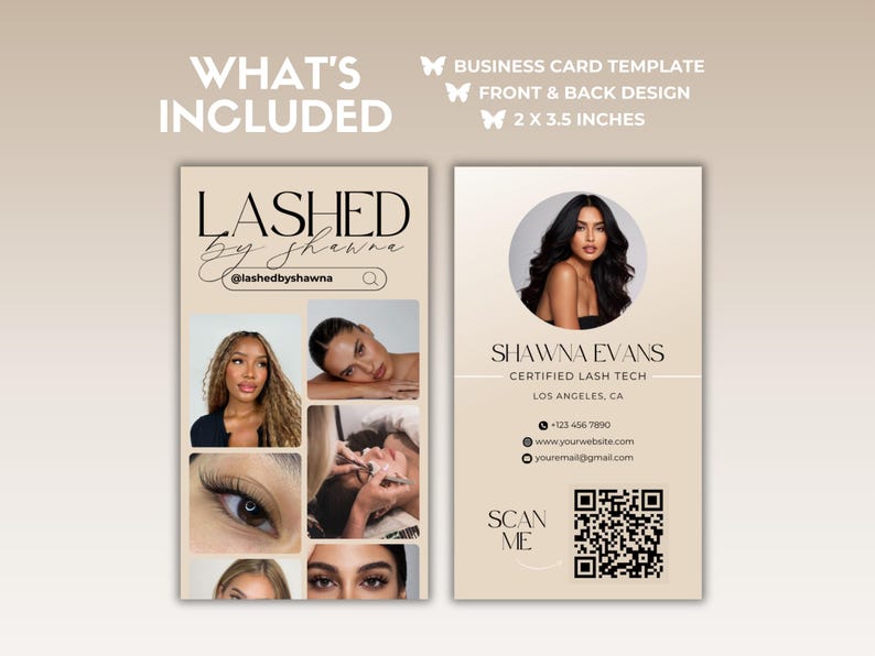 May include: A business card template for a lash technician. The front of the card features a collage of photos of eyelashes and the text "LASHED by Shawna" with the Instagram handle "@lashedbyshawna". The back of the card features a photo of the lash technician, her name, title, location, phone number, website, and email address. The card also includes a QR code with the text "SCAN ME".