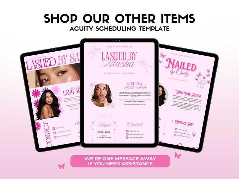 Pode incluir: Tr&ecirc;s tablets digitais exibindo modelos de neg&oacute;cios com tema rosa para servi&ccedil;os de beleza. Os tablets apresentam texto como "Lashed by Alasha" e "Nailed by Candy", com imagens de mulheres e informa&ccedil;&otilde;es de contato. O texto superior diz "Shop Our Other Items".