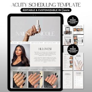 May include: A digital template for nail salon scheduling, displayed on a tablet. The template is customizable in Canva and includes the text "NAILS BY NICOLE." Additional elements include Instagram posts and stories, showcasing nail designs.