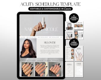 Pode incluir: Modelo digital de agendamento para salões de unhas, exibido em um tablet. O modelo é personalizável no Canva e apresenta o texto "NAILS BY NICOLE". Inclui posts e stories do Instagram.