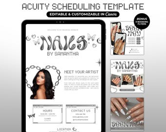 Plantilla de programación Acuity Y2K Sitio web de reservas de técnicos de uñas Chrome Nail Acuity Sitio web Página de programación de técnicos de uñas Plantilla de sitio web para artistas de uñas Canva