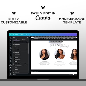 K&ouml;nnte beinhalten: Ein Laptop, der eine Canva-Vorlage mit dem Text "CLIENT Reviews" und drei Kopfaufnahmen anzeigt. Der Bildschirm zeigt auch die W&ouml;rter "FULLY CUSTOMIZABLE", "EASILY EDIT IN Canva" und "DONE-FOR-YOU TEMPLATE" mit Schmetterlingssymbolen.