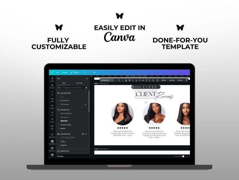 K&ouml;nnte beinhalten: Ein Laptop, der eine Canva-Vorlage mit dem Text "CLIENT Reviews" und drei Kopfaufnahmen anzeigt. Der Bildschirm zeigt auch die W&ouml;rter "FULLY CUSTOMIZABLE", "EASILY EDIT IN Canva" und "DONE-FOR-YOU TEMPLATE" mit Schmetterlingssymbolen.