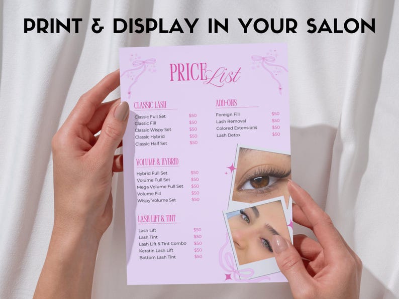 Pode incluir: Uma lista de pre&ccedil;os lavanda para servi&ccedil;os de sal&atilde;o, segurada por m&atilde;os. A lista inclui servi&ccedil;os de c&iacute;lios como Classic, Volume e Lash Lift & Tint. O texto "PRINT & DISPLAY IN YOUR SALON" est&aacute; no topo. Duas fotos de olhos est&atilde;o &agrave; direita.