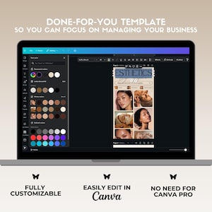 May include: A laptop displays a design template with the word "ESTHETICS" and images of faces. The text "DONE-FOR-YOU TEMPLATE" and "SO YOU CAN FOCUS ON MANAGING YOUR BUSINESS" are at the top. Below are the words "FULLY CUSTOMIZABLE", "EASILY EDIT IN Canva", and "NO NEED FOR CANVA PRO".