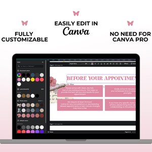 May include: A screenshot of a laptop screen showing a Canva design template for a beauty salon appointment reminder. The template has a pink and white color scheme and includes text that says "Before Your Appointment".