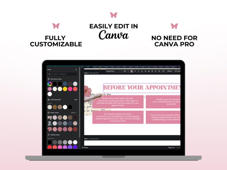 May include: A screenshot of a laptop screen showing a Canva design template for a beauty salon appointment reminder. The template has a pink and white color scheme and includes text that says "Before Your Appointment".