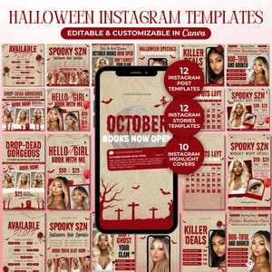 May include: A collection of Halloween-themed Instagram templates, editable and customizable in Canva. The design features a smartphone displaying a Halloween-themed graphic, surrounded by various post and story templates with spooky graphics and text.