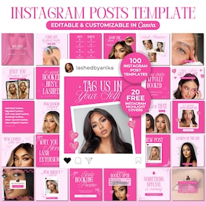 Może przedstawiać: Różowy szablon postów na Instagramie z tekstem „Szablon postów na Instagramie” i „Edytowalny i konfigurowalny w Canva”. Szablon zawiera 100 szablonów postów na Instagramie i 20 darmowych okładek wyróżnień na Instagramie.