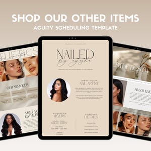 Op de afbeelding: Drie tabletschermen die websites voor schoonheidsservices tonen. Het eerste scherm is voor "Esthetics by Jan" en toont een foto van een vrouw met de bijschrift "Hi Lovelies". Het tweede scherm is voor "Nailed by Ayzha" en toont een foto van een vrouw met de tekst "Meet Your Nail Artist". Het derde scherm is voor "Esthetics by Jan" en toont een foto van een vrouw met de tekst "Our Services".