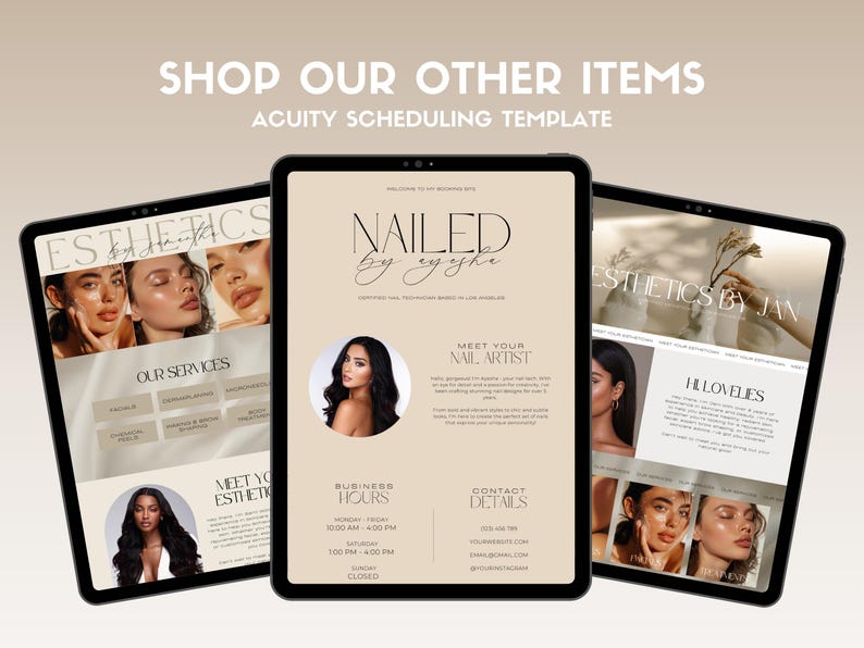 Op de afbeelding: Drie tabletschermen die websites voor schoonheidsservices tonen. Het eerste scherm is voor "Esthetics by Jan" en toont een foto van een vrouw met de bijschrift "Hi Lovelies". Het tweede scherm is voor "Nailed by Ayzha" en toont een foto van een vrouw met de tekst "Meet Your Nail Artist". Het derde scherm is voor "Esthetics by Jan" en toont een foto van een vrouw met de tekst "Our Services".