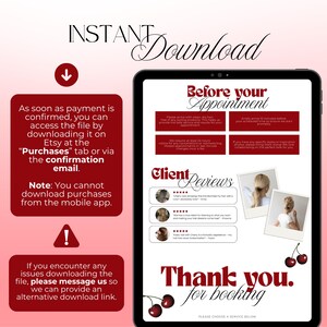May include: A digital download graphic with the words "Instant Download" at the top. The image includes a tablet displaying text about appointments and client reviews, with a red background and cherry illustrations.