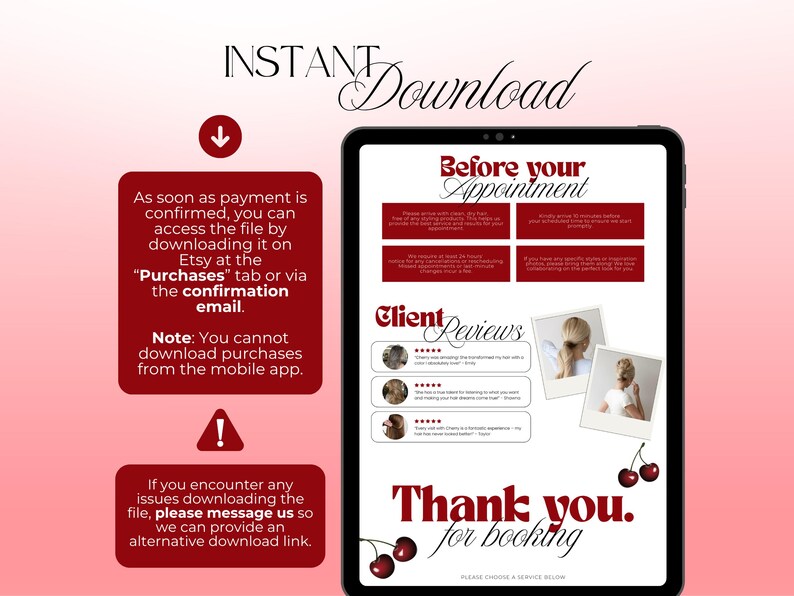 May include: A digital download graphic with the words "Instant Download" at the top. The image includes a tablet displaying text about appointments and client reviews, with a red background and cherry illustrations.