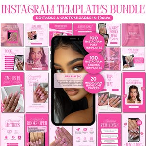 Op de afbeelding: Roze Instagram templates bundel met de tekst "INSTAGRAM TEMPLATES BUNDLE" en "EDITABLE & CUSTOMIZABLE IN Canva". De bundel bevat 100 post templates, 100 stories templates en 20 highlight covers.