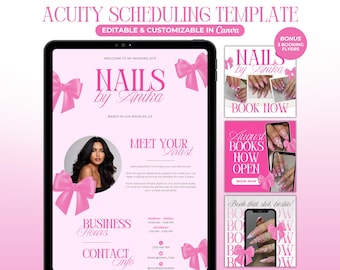 May include: Pink digital template for nail salon scheduling, featuring the text "NAILS by Anika" and a photo of a woman. Includes business hours, contact info, and booking flyers. Editable and customizable in Canva.