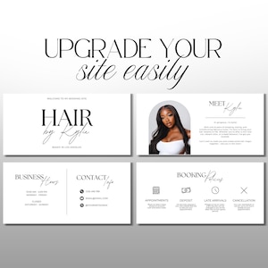 K&ouml;nnte beinhalten: Werbegrafik mit dem Text &bdquo;UPGRADE YOUR site easily&ldquo;. Das Design umfasst Layouts im Visitenkartenstil mit Informationen zu &bdquo;HAIR by Kylie&ldquo;, Kontaktdaten, Gesch&auml;ftszeiten und Buchungsrichtlinien.