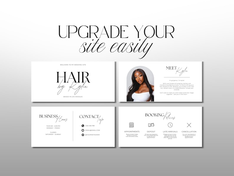 K&ouml;nnte beinhalten: Werbegrafik mit dem Text &bdquo;UPGRADE YOUR site easily&ldquo;. Das Design umfasst Layouts im Visitenkartenstil mit Informationen zu &bdquo;HAIR by Kylie&ldquo;, Kontaktdaten, Gesch&auml;ftszeiten und Buchungsrichtlinien.