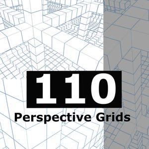 Può includere: Un'immagine in bianco e nero di una griglia di prospettiva 3D con il testo "110 Perspective Grids" sotto.