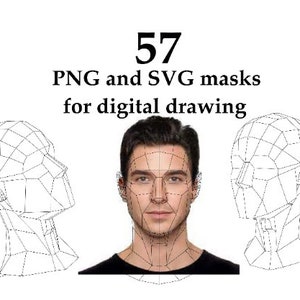 以下が含まれることがあります： デジタル描画用の57 PNGとSVGマスク。画像は、人間の頭と首の白黒線画を3つ示しています。頭は線で区切られたセクションに分かれています。
