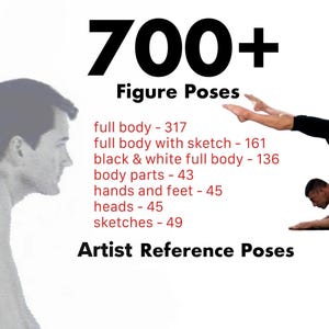 Op de afbeelding: Afbeelding met de tekst "700+ Figure Poses" en "Artist Reference Poses". De afbeelding bevat een grijswaardenprofiel van een persoon en een persoon in een handstand. De tekst geeft posecategorieën en hoeveelheden weer.
