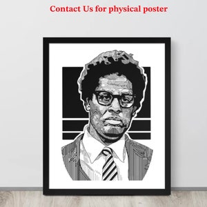 May include: Black and white line art illustration of a man wearing glasses and a suit. The man has a serious expression on his face. The background is black with white stripes.
