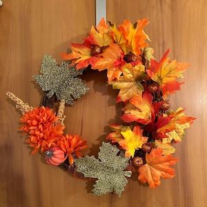 Fall Leaves wreath / fall grapevine wreath with orange and red leaves