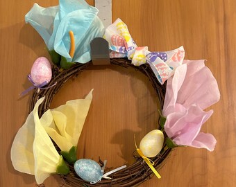 Easter Egg Hunt wreath / Easter wreath / grapevine wreath with purple, yellow, and blue flowers, eggs