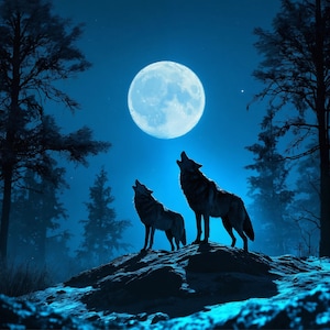 May include: Two wolves howl at the full moon in a dark blue night sky. The moon is bright and white, and the wolves are silhouetted against the sky.