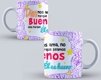 Taza Cristiana de Ceråmica " Dios nos ama, Tu felicidad depende de ..., Gracias Señor por..., Mientras conserves ..., La fe no hace las ...