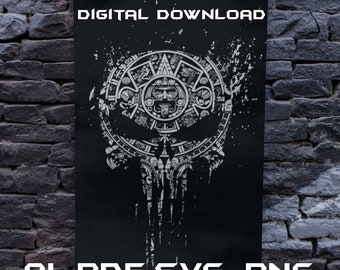 Cráneo azteca SVG, Arte de pared de descarga digital azteca, SVG azteca de alto detalle, Archivo de cráneo de Punisher.