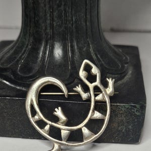 May include: A silver-toned lizard brooch with a cutout design. The lizard is curled into a circle with its tail wrapping around its body. The brooch is on a black surface.