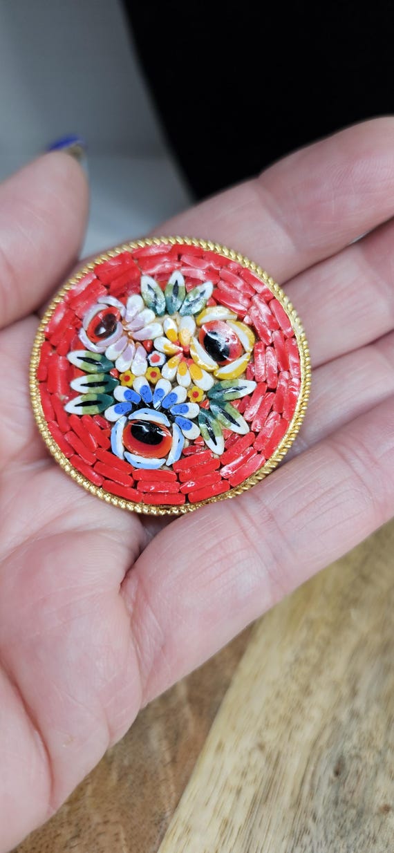 Vintage vibrant red micro mosiac flower brooch