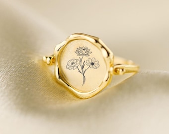 Personalized Sterling Silver Birth Flower Ring: Minimalist Floral Engraving, Custom Month Flowers Jewelry