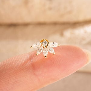 Lotus Moissanite Stud Earring, 14k Gold Sterling Silver Helix Tragus Cartilage