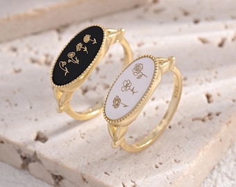 Personalized Birth Month Flower Ring: Black Agate & Pearl, Sterling Silver, Mother Kids Jewelry