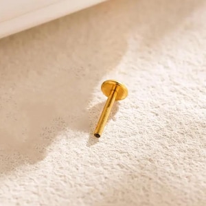 May include: A gold lip piercing stud with a flat, circular top and a slender post. The jewellery is set against a textured, off-white surface, with a white, curved object in the background.
